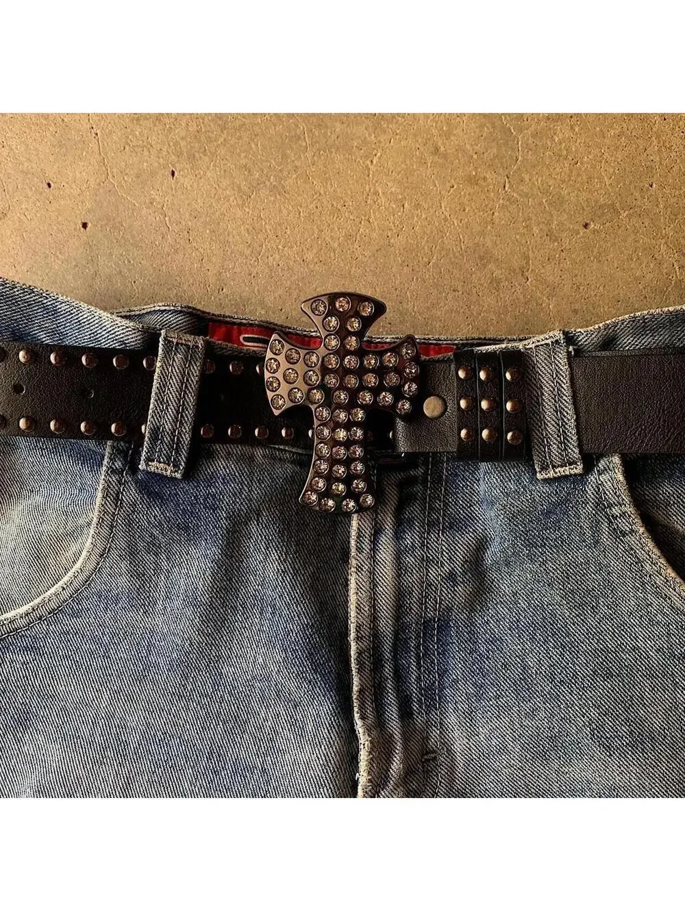 Vintage Y2K style Gothic Rhine stone studded belt buckle. 38.5 inches fits a